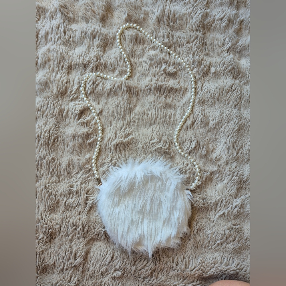 White Fluffy Mini Sling Bag With Pearl Design Sling